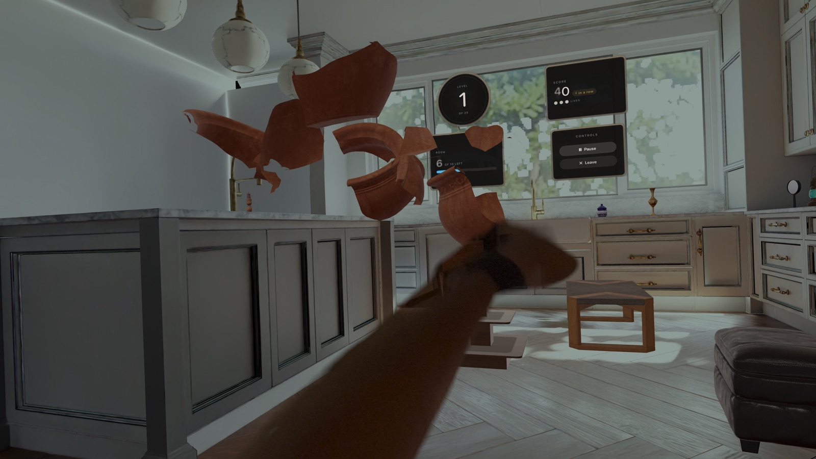 Two fists breaking a clay pot in a white kitchen